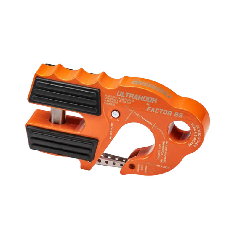 Orange Factor 55 Ultra Hook featuring a closed system design, lightweight construction, and high durability for off-road winching applications.