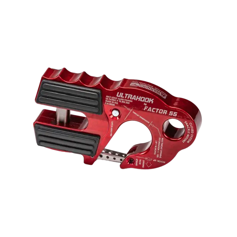 Red Factor 55 Ultra Hook for off-road winches, featuring a closed system design and lightweight construction for heavy-duty use.