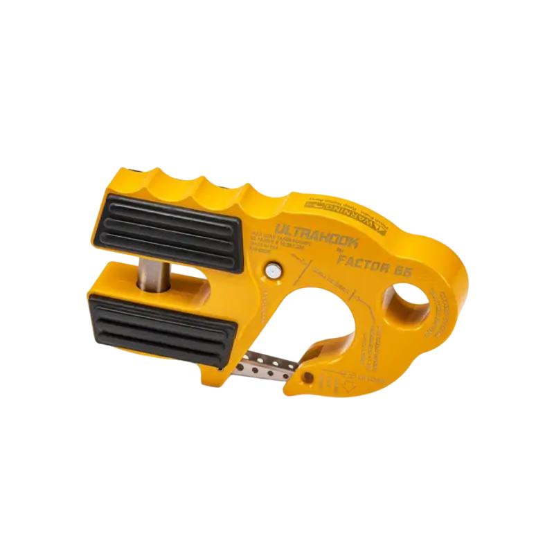 Yellow Factor 55 Ultra Hook with closed system winching, ideal for off-road and industrial use, featuring robust and lightweight construction.