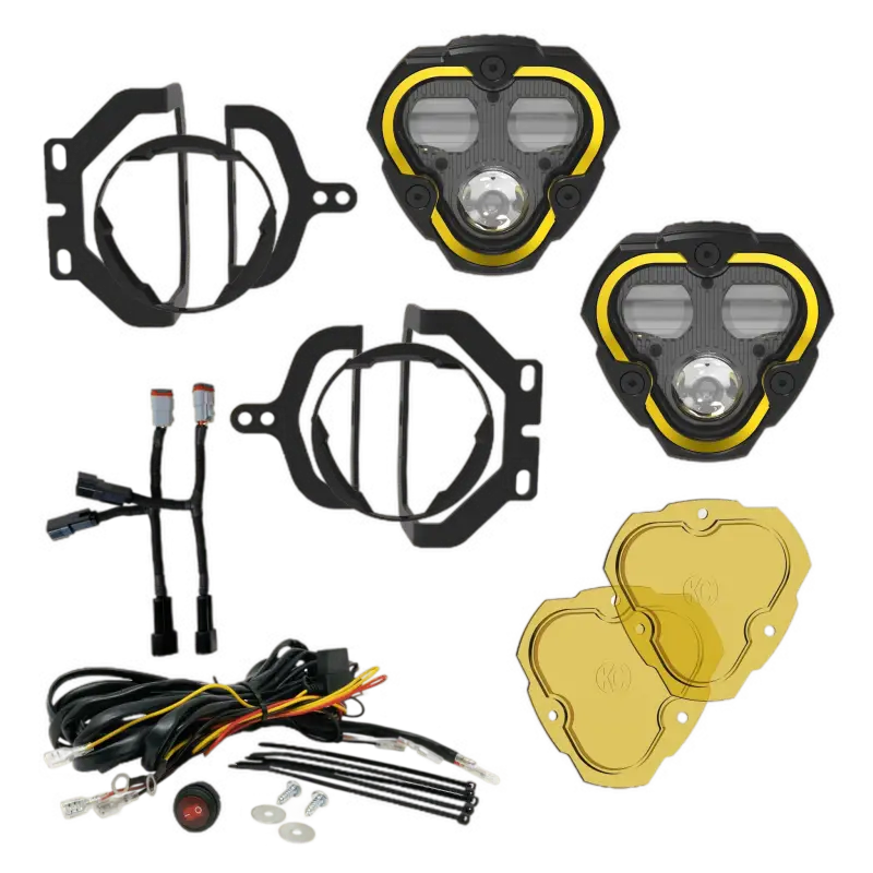 FLEX ERA 3 Dual Mode SAE Fog Lights kit for Jeep JL/JT sport bumpers, featuring clear and yellow lenses, wiring harness, and mounting brackets.