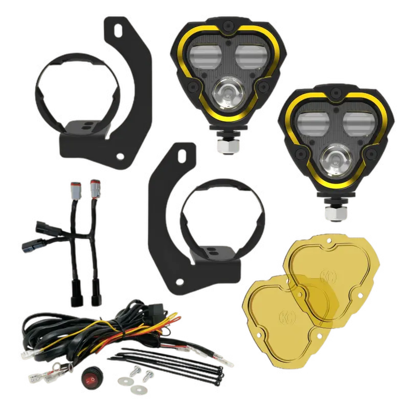 FLEX ERA 3 Dual Mode SAE Fog Lights master kit with clear and yellow lenses, mounting brackets, wiring harness, and accessories for Jeep JK/JL/JT steel bumpers.
