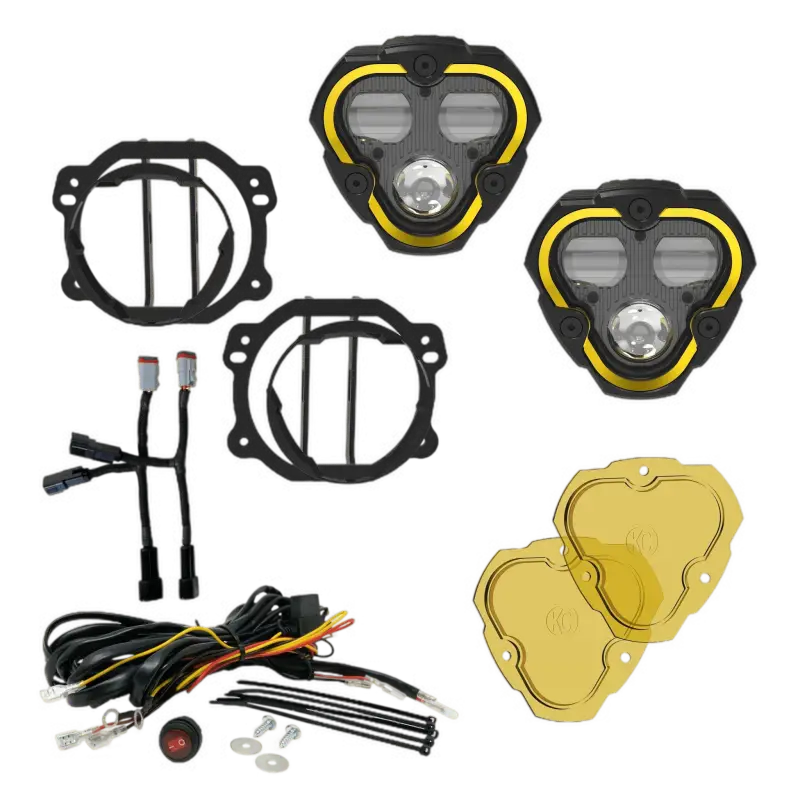 FLEX ERA® 3 Dual Mode SAE Fog Lights kit with clear and yellow lenses, wiring harness, and mounting brackets for Jeep JK/JL/JT plastic bumpers.