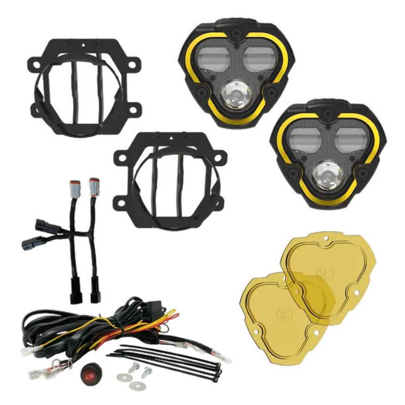 FLEX ERA 3 Fog Lights for Subaru Crosstrek/Forester, dual mode with clear and yellow lenses. Includes mounting brackets, wiring harness, and accessories.