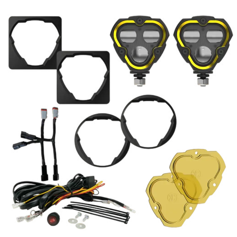 FLEX ERA 3 Dual Mode SAE fog lights master kit with clear and yellow lenses, wiring harness, and mounting brackets for Toyota aftermarket bumpers.