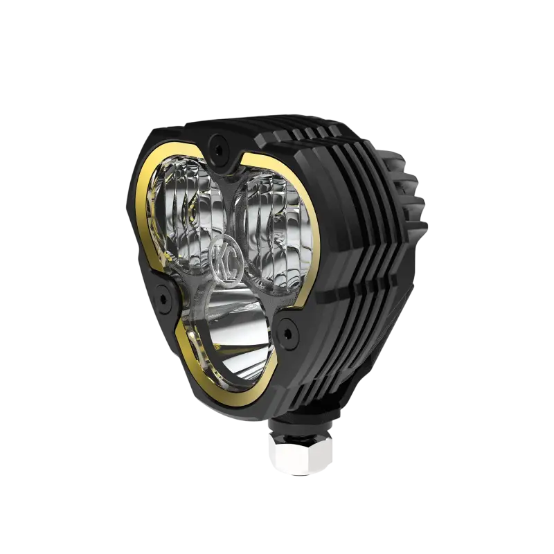 Close-up of FLEX ERA® 3 LED light pod showcasing its durable black housing and amber-accented lens for off-road use.
