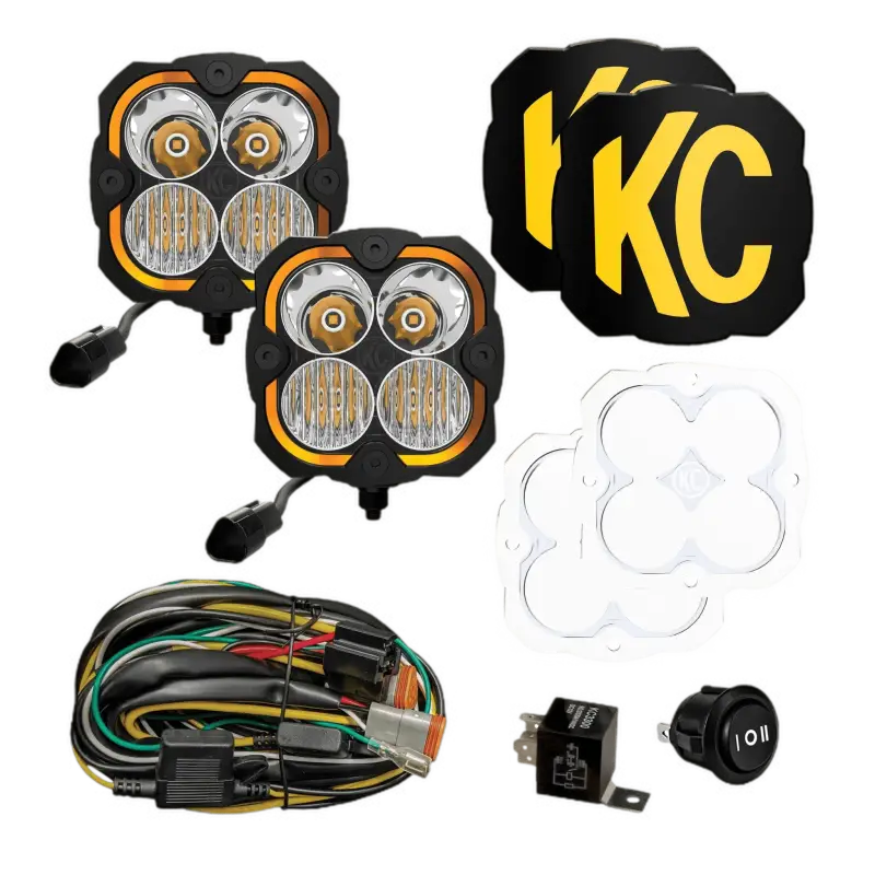 FLEX ERA® 4 - 2-Light Master Kit featuring two high-performance light pods with 7,912 lumens, wiring harness, switch, and KC covers for versatile off-road lighting.