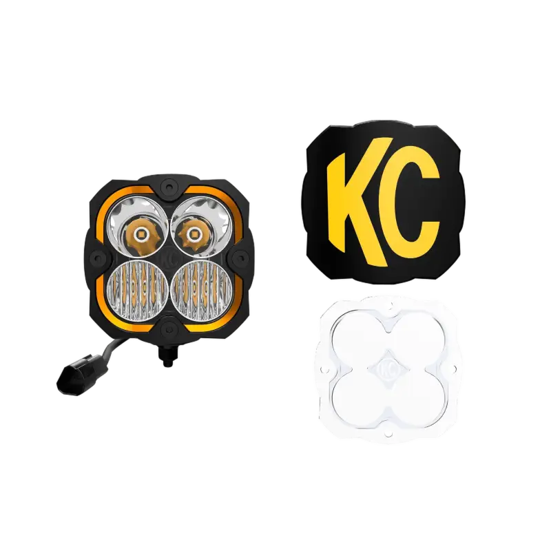 FLEX ERA® 4 off-road LED light with 7,912 lumens, combo and spot lenses, and KC logo cover. Ideal for Jeeps, trucks, and UTVs.