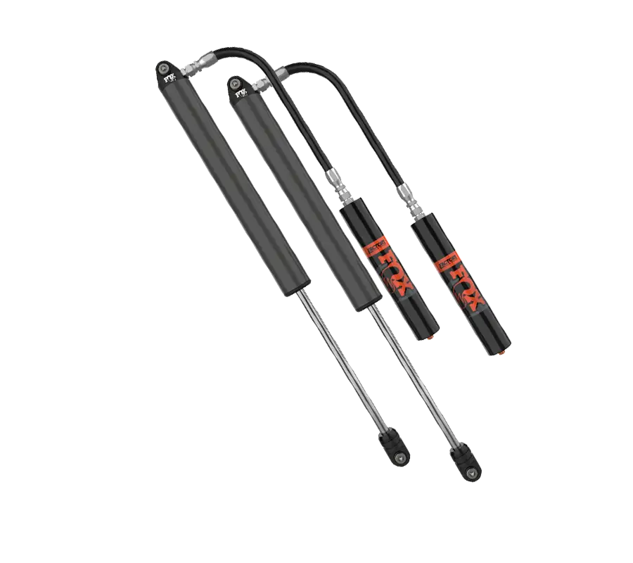 Fox Shocks for Tacoma with rear relocation, featuring 2.5 x 12-inch factory series shocks in cerakote finish and remote reservoir design.