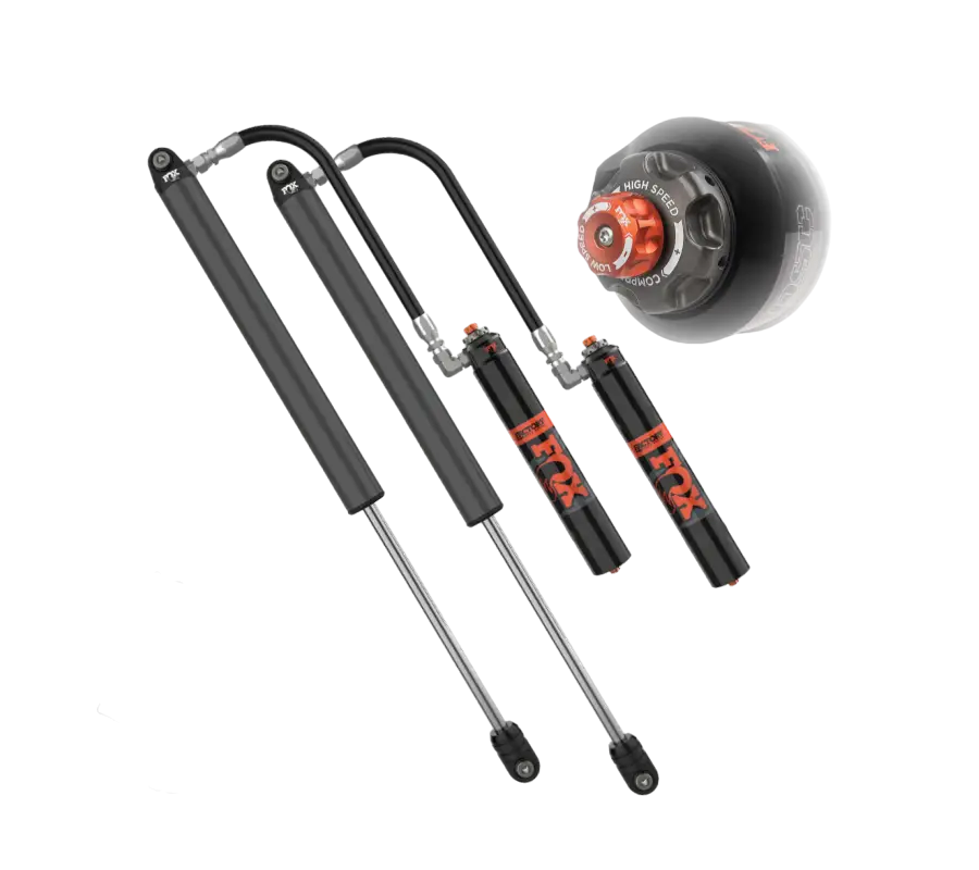 Fox Shocks for Tacoma, showcasing 2.5 x 12-inch factory series shocks with remote reservoir, cerakote finish, and rear relocation compatibility.