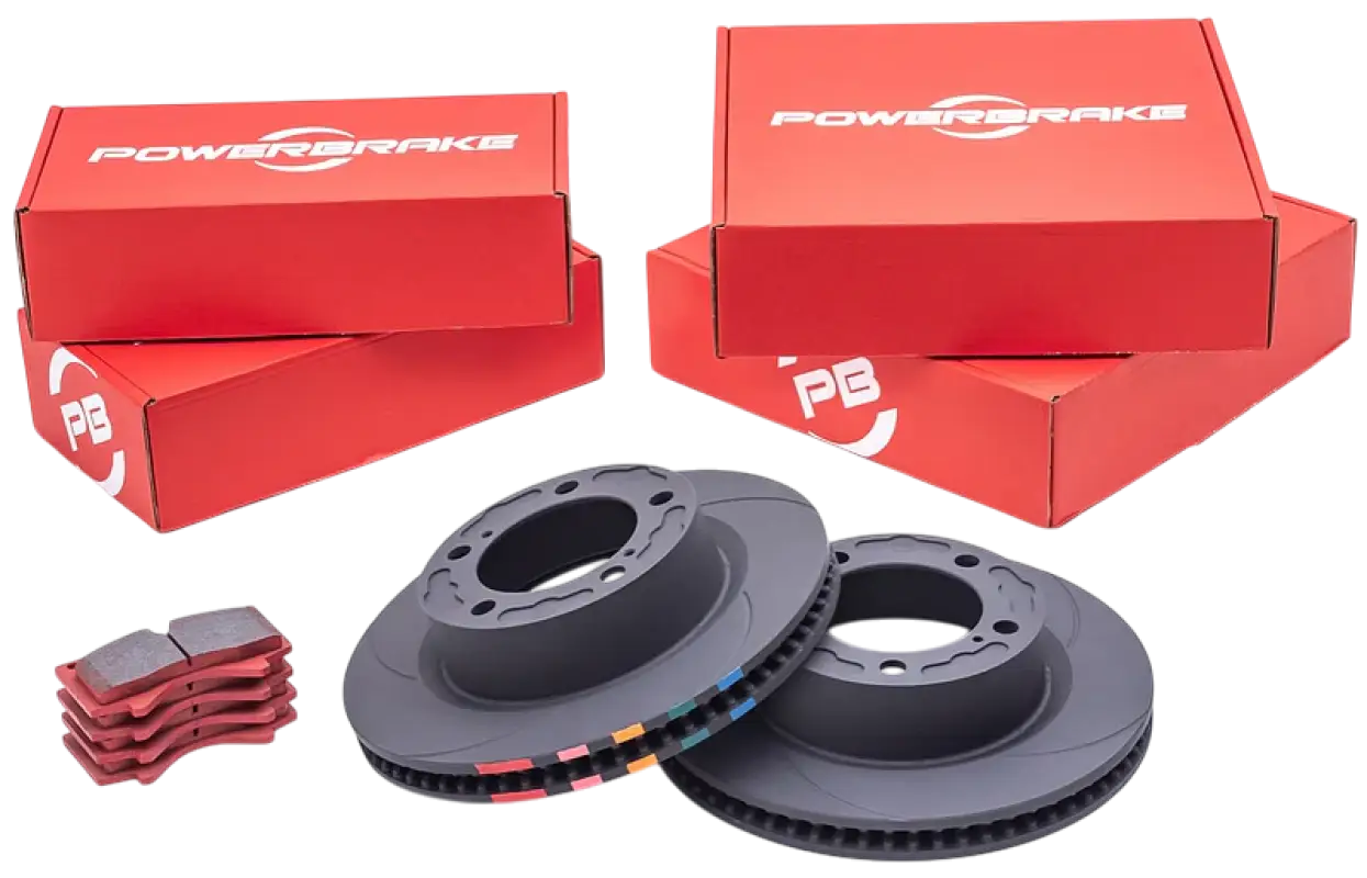 GX470 Brake Kit featuring front D-Line rotors and PB05 pads with PowerBrake packaging in red boxes, ideal for 2003-2009 Lexus models.