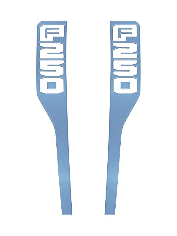 Blue F250 decals as fender emblem overlays for Ford Super Duty 2023-2025