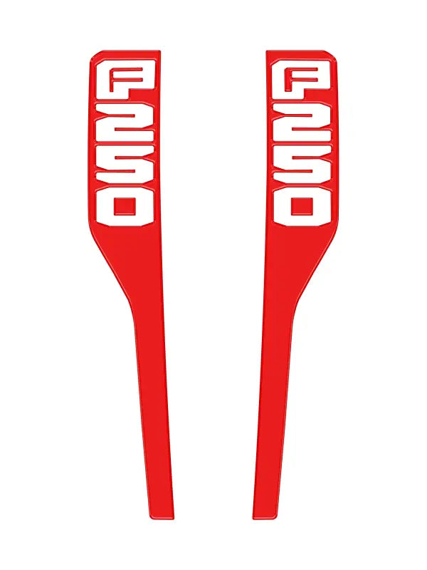 Red F250 decals as fender emblem overlays for 2023-2025 Ford Super Duty trucks