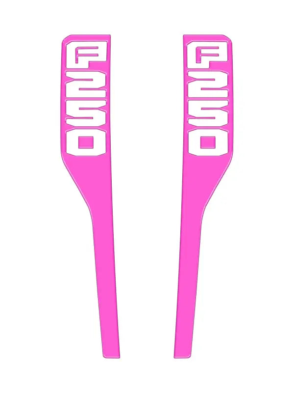 Pink F250 decals as fender emblem overlays for 2023-2025 Ford Super Duty trucks