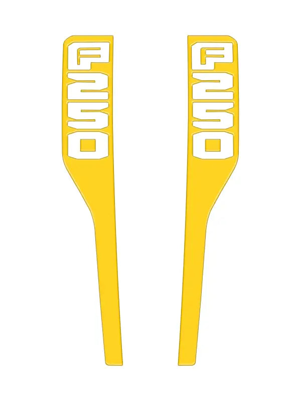 Yellow F250 decals as fender emblem overlays for 2023-2025 Ford Super Duty