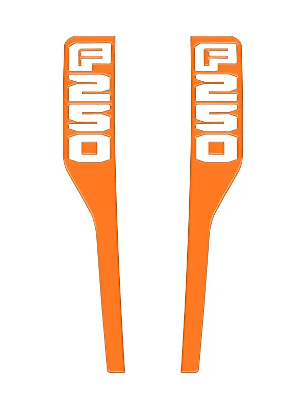 Orange F250 decals for front fender emblem overlays on 2023-2025 Ford Super Duty