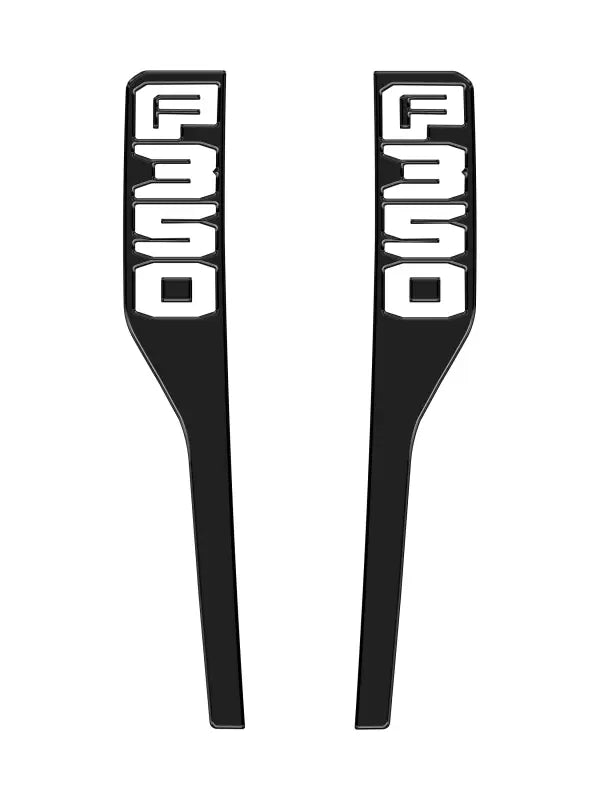 Pair of black F350 decal fender emblem overlays for Ford Super Duty 2023-2025