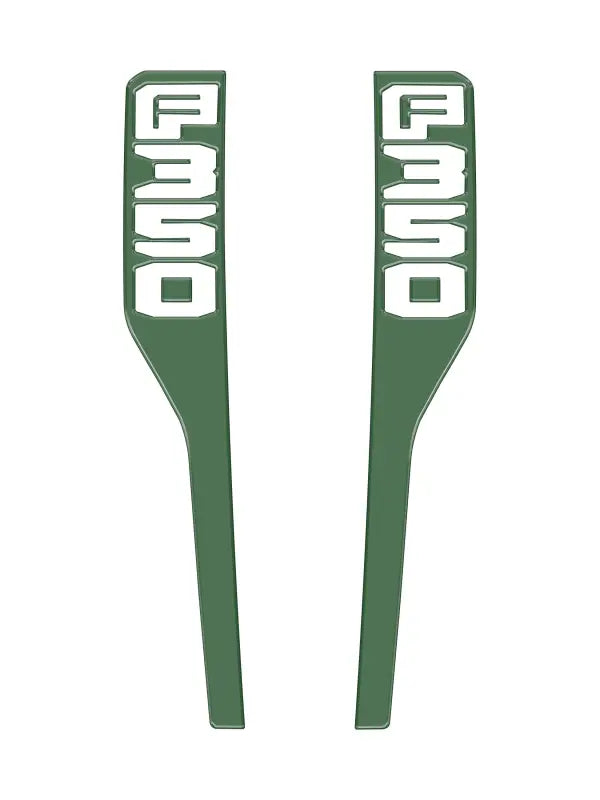Two green F350 fender emblem overlays for Ford Super Duty 2023-2025