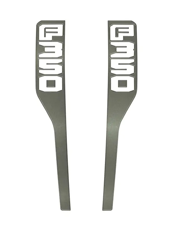 Silver F350 fender emblem overlays for 2023-2025 Ford Super Duty trucks