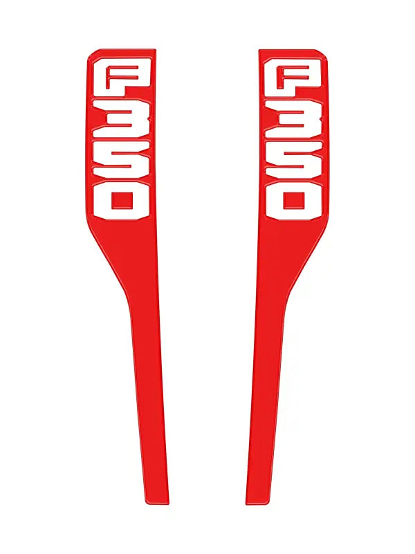 Red F350 decals as fender emblem overlays for 2023-2025 Ford Super Duty
