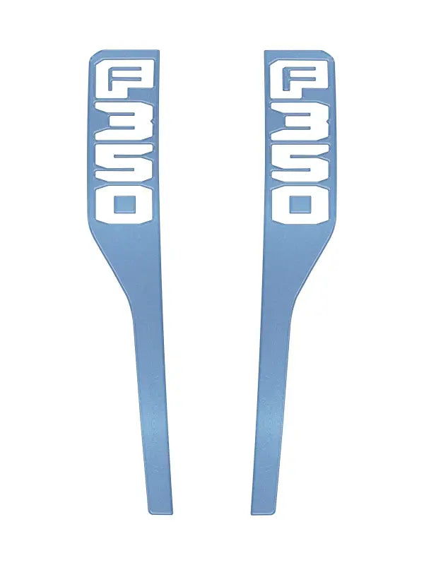Light blue F350 fender emblem overlays for Ford Super Duty 2023-2025 pickup trucks