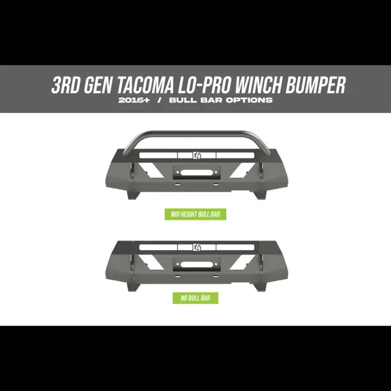 Comparison of 3rd Gen Tacoma Lo-Pro winch bumper options, showcasing mid-height bull bar and no bull bar configurations for 2016+ models.