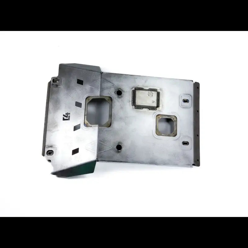 Top-down view of a Tacoma front skid plate in bare steel, showcasing CNC steel construction and compatibility with 2005+ Toyota models.