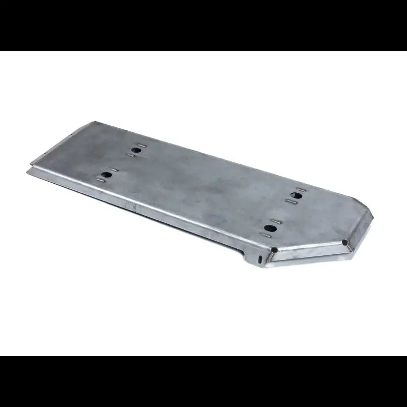 Angled view of a Tacoma fuel tank skid plate in bare steel, designed for 2005-2015 models with pre-drilled mounting holes.