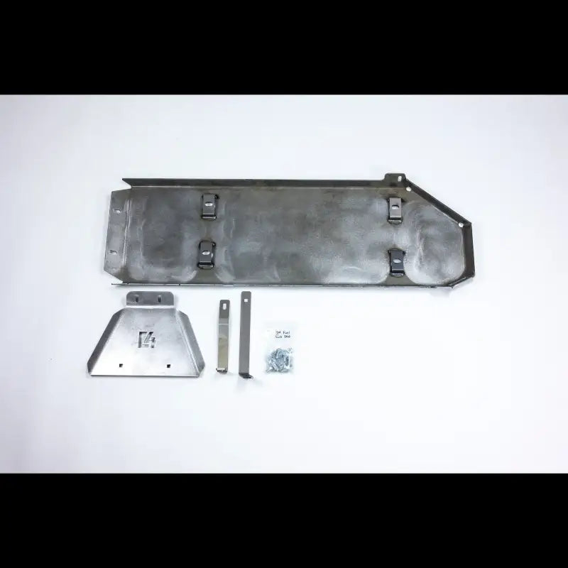 Tacoma 2016+ fuel tank skid plate kit with hardware, brackets, and steel components for easy bolt-on installation.