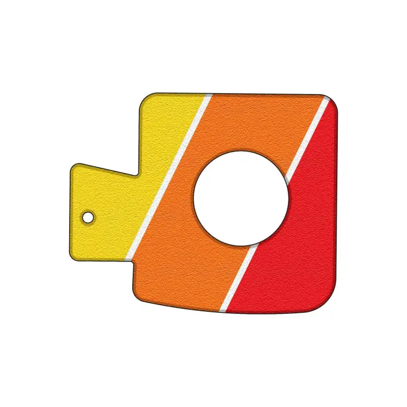 Yellow, orange, and red striped gas cap holder insert for 2005-2023 Toyota Tacoma, standalone view.