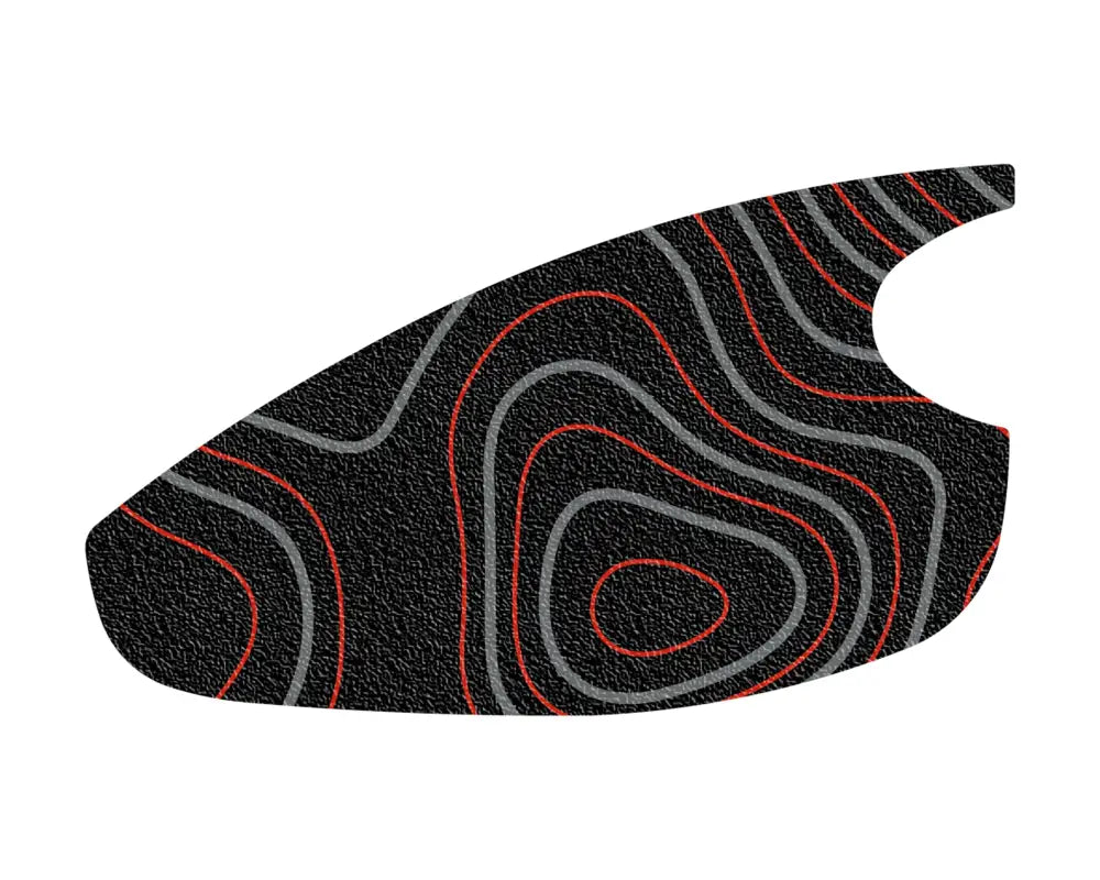 Close-up of gas lid overlay with black texture and topographic map design in red and gray, fits 2016-2023 Toyota Tacoma.