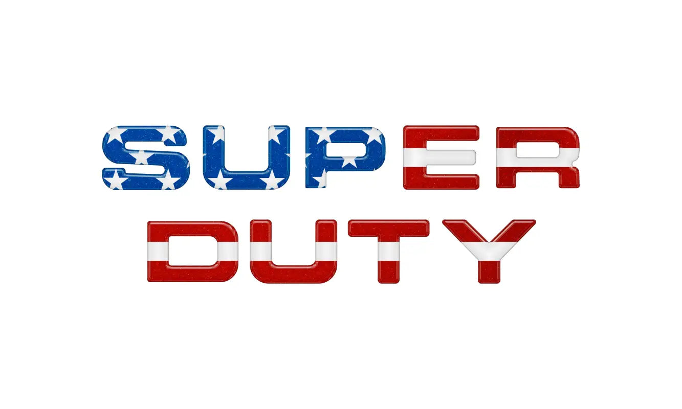 Super Duty text with American flag design on glove box letter insert for Ford Super Duty