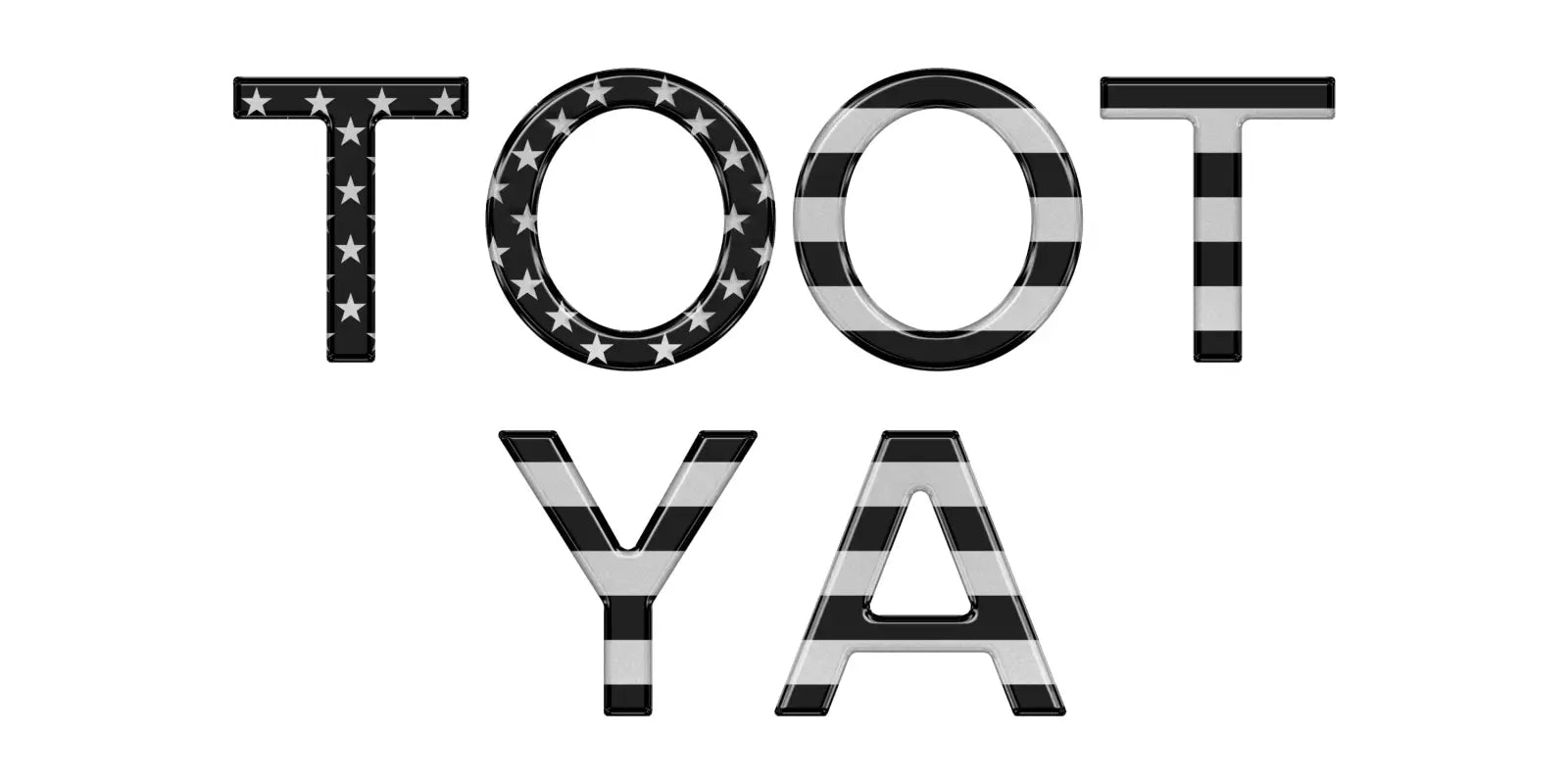 Black and white American flag-themed 'TOOT YA' decal letters for Toyota FJ Cruiser grill overlays.