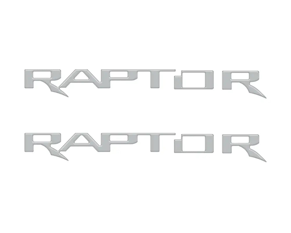 Silver RAPTOR hood cowl emblems displayed for Ford F-150 and Bronco Raptor models