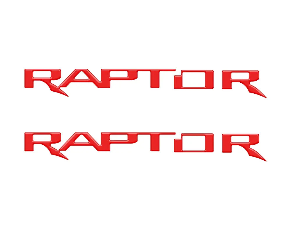 Two red RAPTOR hood cowl emblem inserts for Ford F-150 and Bronco Raptor
