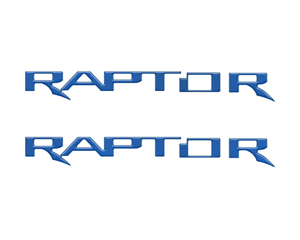Two blue RAPTOR hood cowl emblem inserts for Ford F-150 and Bronco Raptor