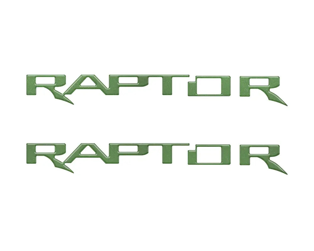 Two green RAPTOR hood cowl emblems for Ford F-150 and Bronco Raptor vehicles