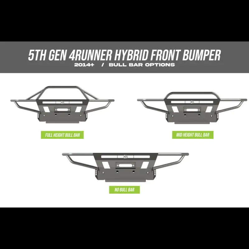 5th Gen 4Runner Hybrid Front Bumper options, displaying full-height bull bar, mid-height bull bar, and no bull bar configurations.