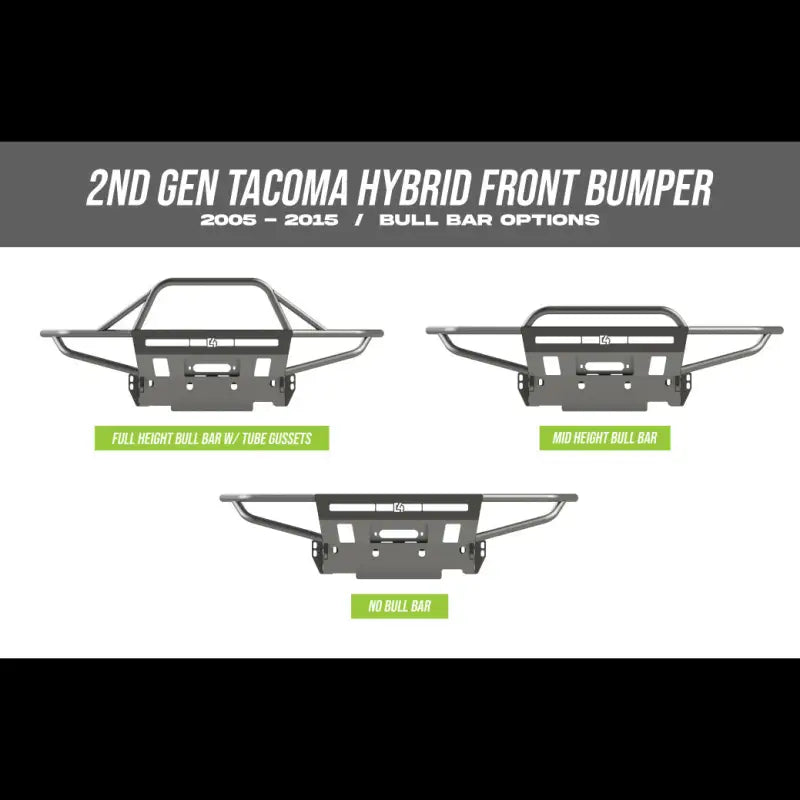 Diagram showing 2nd Gen Tacoma hybrid front bumper options: full-height bull bar, mid-height bull bar, and no bull bar configurations.