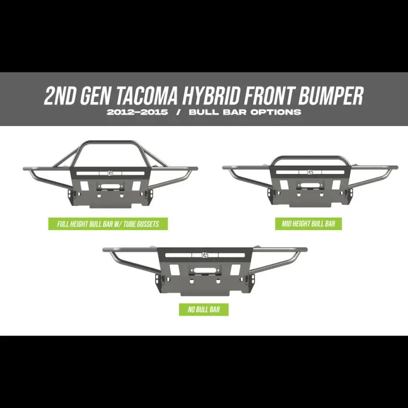 Diagram showing bull bar options for 2nd Gen Tacoma hybrid front bumper, including full, mid, and no bull bar designs.
