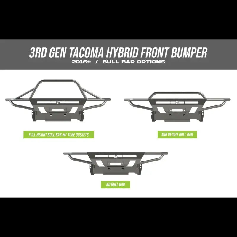 Diagram of 3rd Gen Tacoma hybrid front bumper options, including full-height bull bar, mid-height bull bar, and no bull bar configurations.