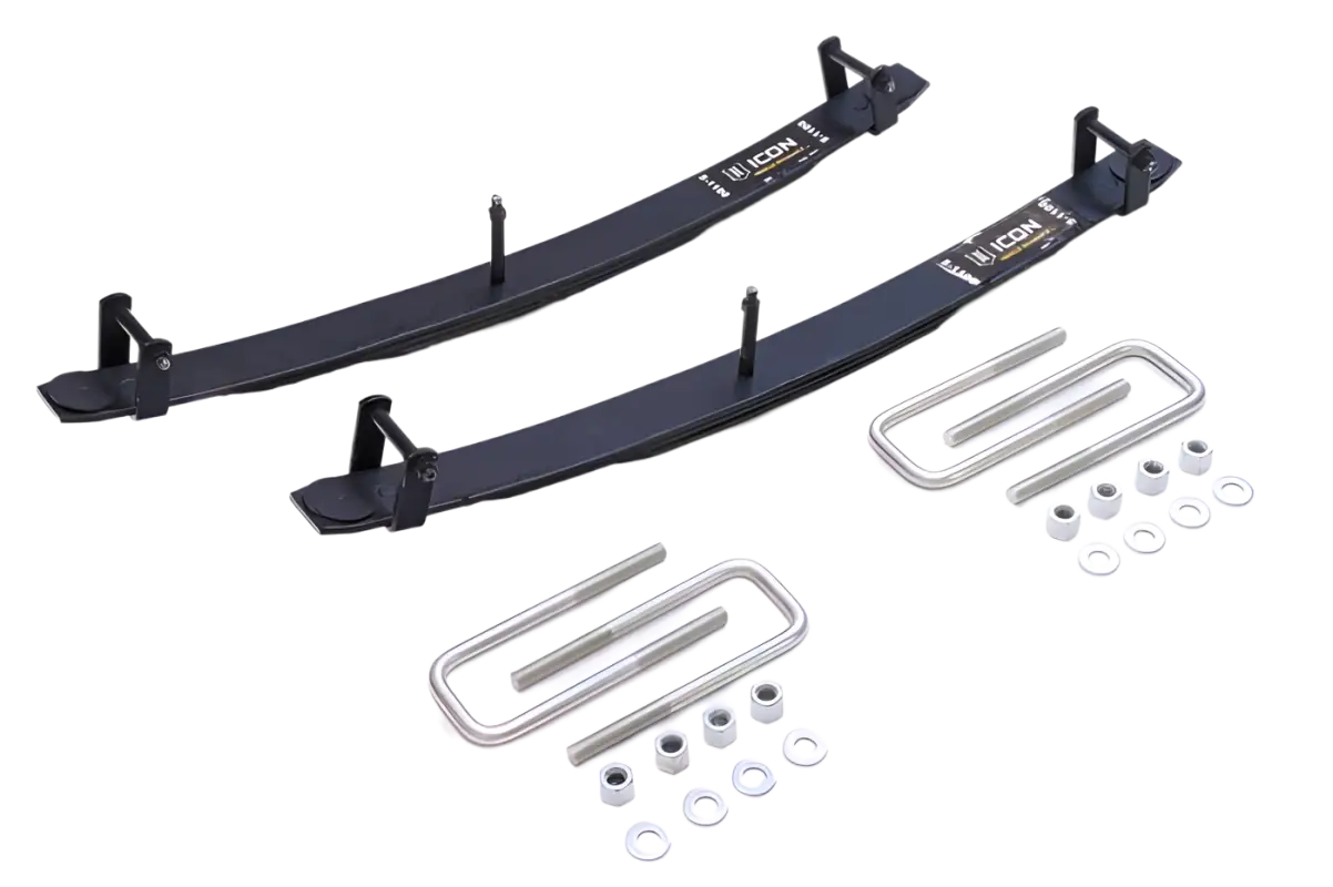 ICON Vehicle Dynamics 1.5-inch Add-A-Leaf Kit for 1996-2023 Toyota Tacoma and 2000-2006 Tundra, includes leaf springs, U-bolts, and hardware.