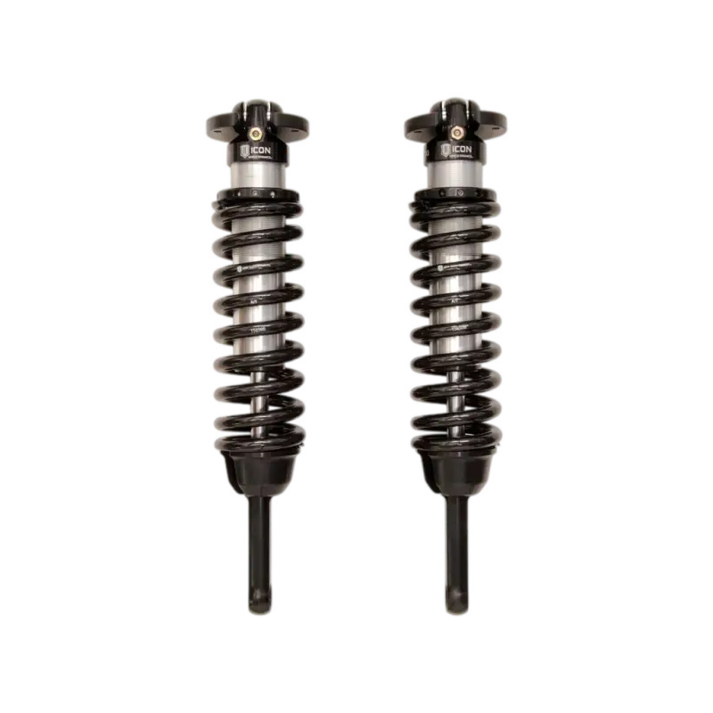 Pair of black and silver coilover shocks for ICON EXT TRAVEL 2.5 VS IR Coilover Kit with increased wheel travel for 05-23 Tacoma