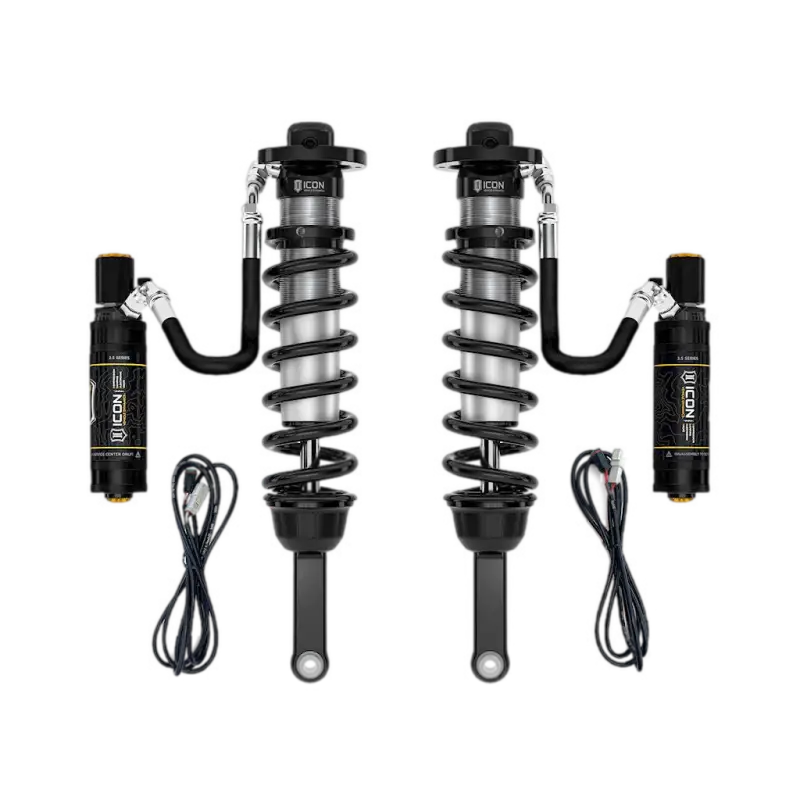 ICON EXT TRAVEL coilover shocks with reservoirs showing black and silver coilover shocks with reservoirs for 10-24 4Runner
