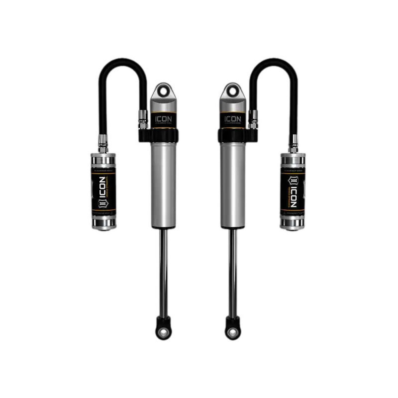 TOYOTA S2 SECONDARY 2.5 VS RR PAIR front shocks with remote reservoirs for Toyota vehicles, compatible with 4Runner, Tacoma, and FJ Cruiser models from 2003 to 2023.