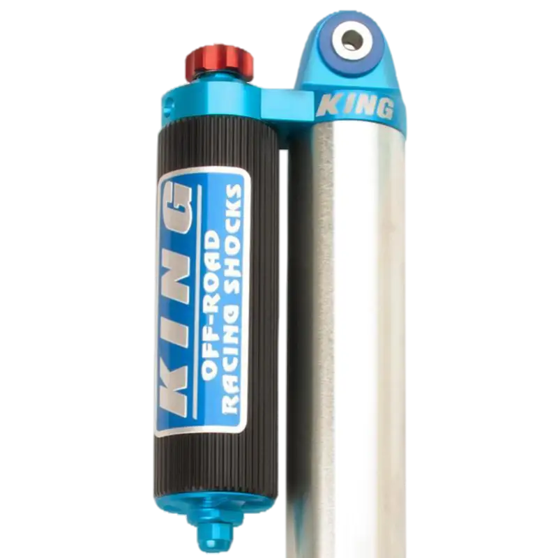 Close-up of King 2.5 rear shock for 2019-23 Ford Ranger featuring piggyback reservoir, compression adjuster, and premium build quality.