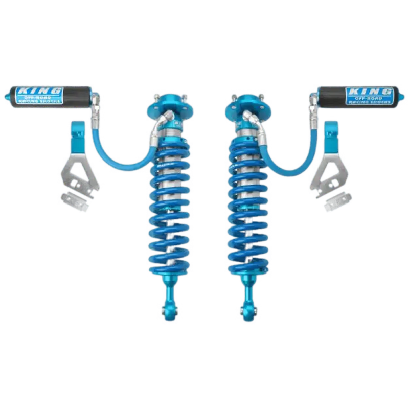 King Shocks 2.5 front coilover shock kit for Toyota Tundra 2022+, featuring blue anodized finish and bolt-on design for enhanced suspension performance.