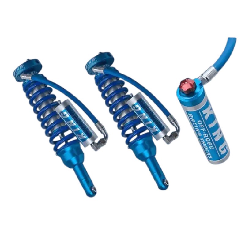 Tacoma King Shocks 2.5 front coilovers with blue anodized finish, external reservoirs, and adjustable ride height for 2005-2023 Toyota Tacoma.