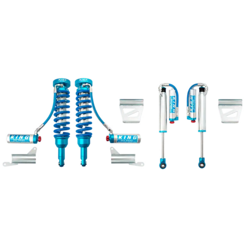 King Shocks mid travel suspension lift kit for Toyota 4Runner (2010-2024) featuring coilovers, shocks, and remote reservoirs for off-road performance.