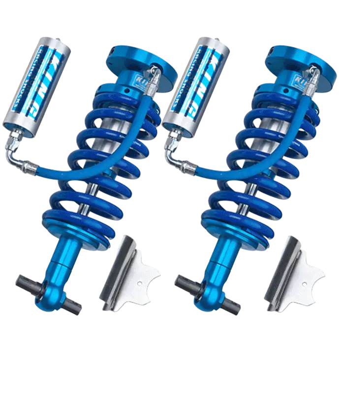 Titan 2.5 Coilovers for Ford vehicles featuring anodized blue components, external reservoirs, and mounting brackets for enhanced suspension performance.