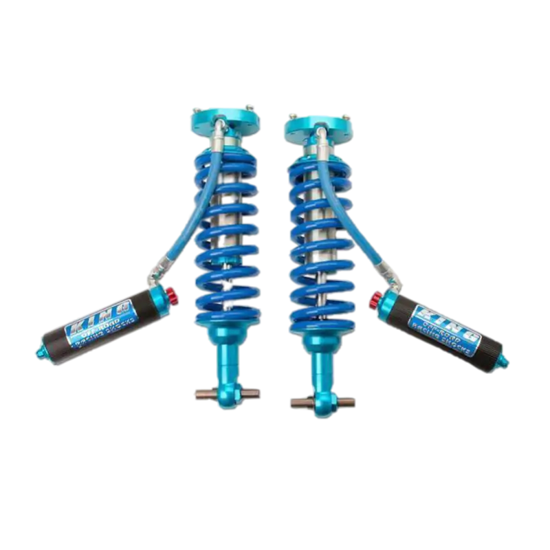 19-23 Chevy/GM 1500 Performance Coilovers with blue anodized finish, external reservoirs, and custom damping for enhanced suspension performance.